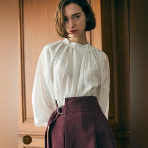 MASHA  Stand Collar White Top Blouse Featherweight Cotton Balloon Sleeve Size M